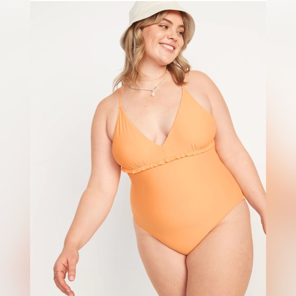 V-Neck Ruffle-Trim Cutout One-Piece Swimsuit in Mango Sorbet - Old Navy (M + 2X) - Picture 6 of 16